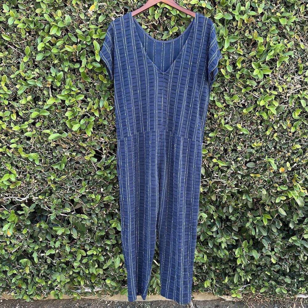 Ace & Jig Jumpsuit Womens S Blue Stripe Short Sleeve V Neck Nature Contemporary